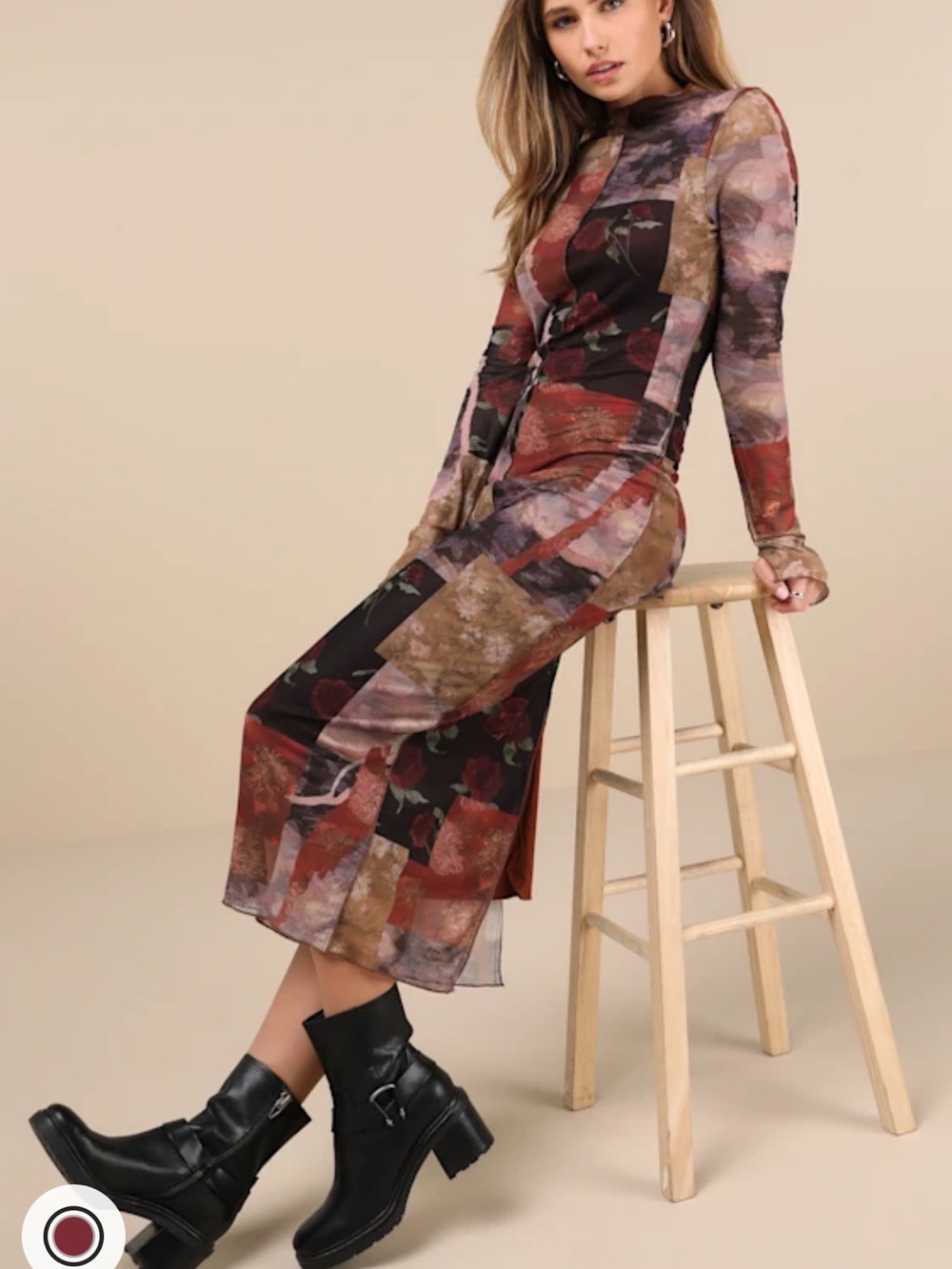 Lulu's Patchwork Print Long Sleeve Midi Dress in Multi Brown